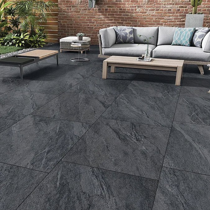Pacific Anthracite slate effect porcelain patio tiles