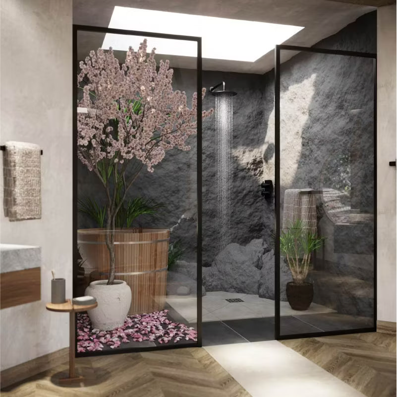 Japandi bathroom shower space with a serene indoor garden, cherry blossom tree, and stone-textured walls. Features a skylight for natural light and sleek black-framed glass panels, blending Japanese tranquility with minimalist Scandinavian design.