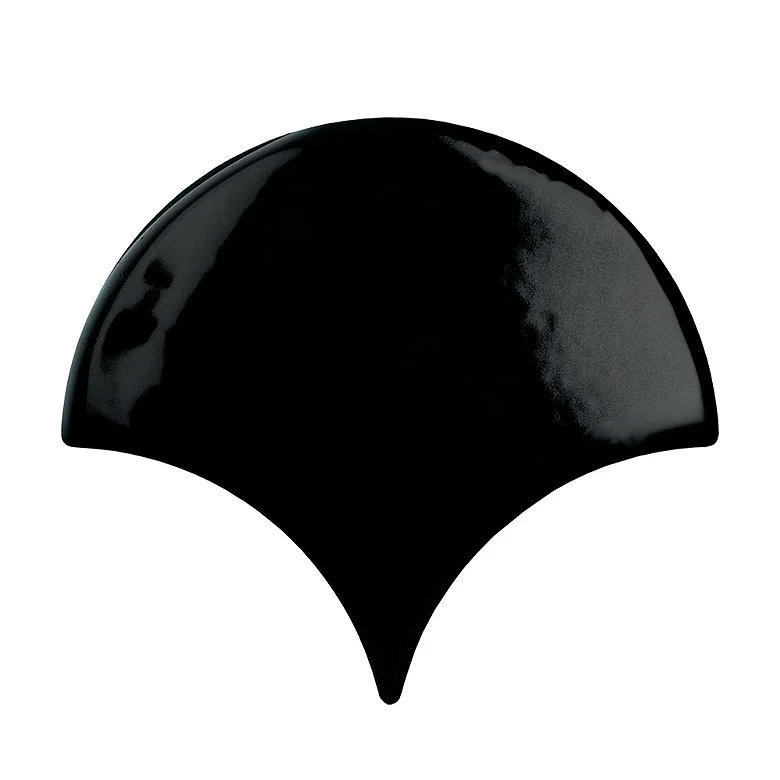 Gloss black scallop bathroom tile with curved art deco shape.