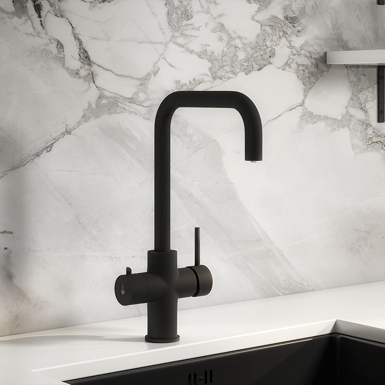 Matt black square-spout kitchen tap on white worktop