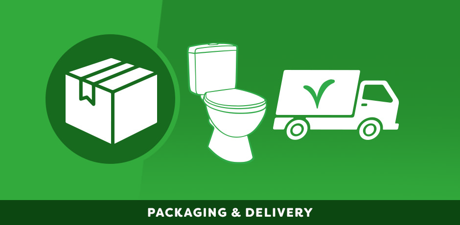 Illustration showing toilet packaging and delivery process with box and truck icons.