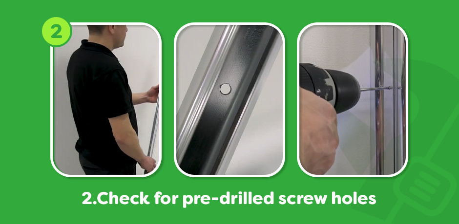 Illustration demonstrating how to mark screw holes on the wall using a pencil and spirit level for accurate bath screen installation.