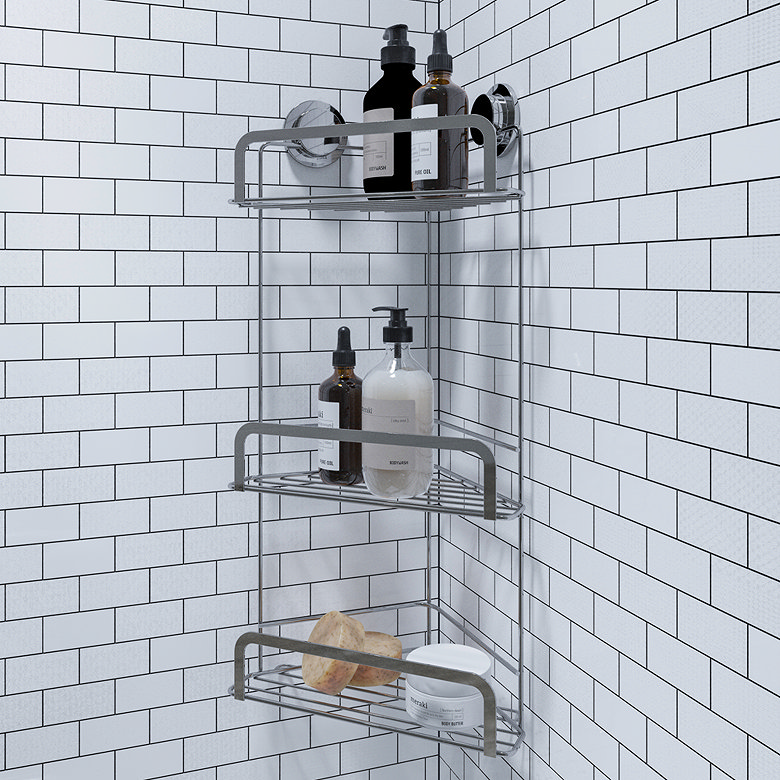 Three tier corner shower basket providing vertical storage for toiletries in a small shower