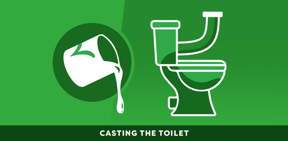 Illustration of the casting process for creating a toilet from slip in a mould.