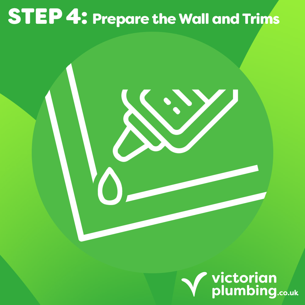 Step 4: Prepare the wall and trims – Green graphic featuring a white caulking gun applying sealant, with Victorian Plumbing branding.