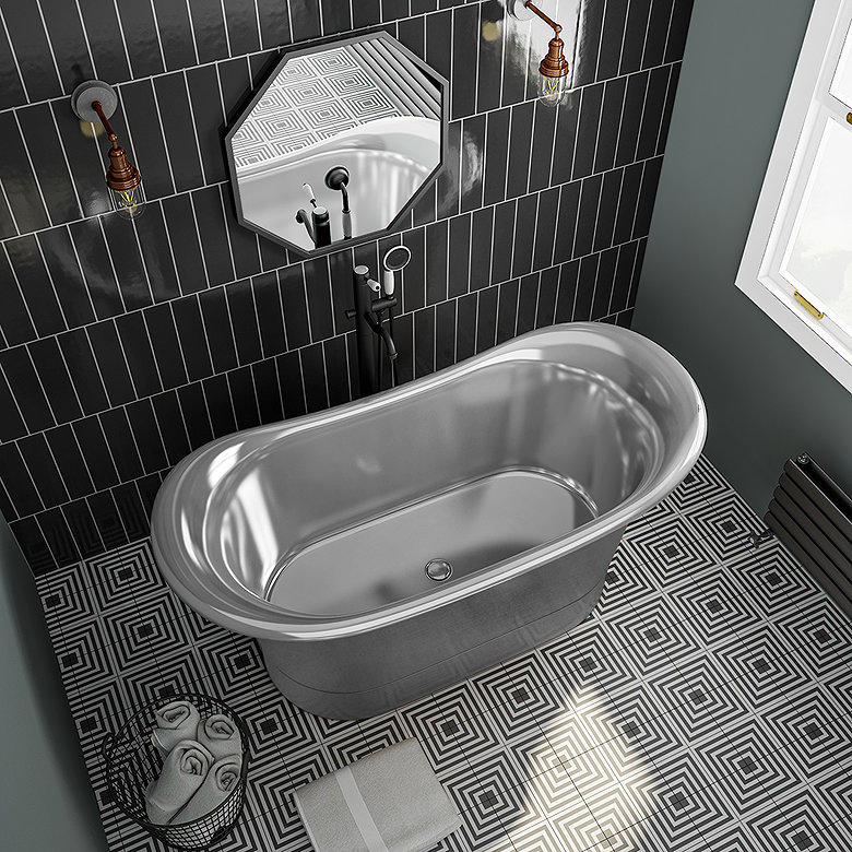 Modern bathroom with metallic freestanding bath, black vertical tiles and geometric floor pattern