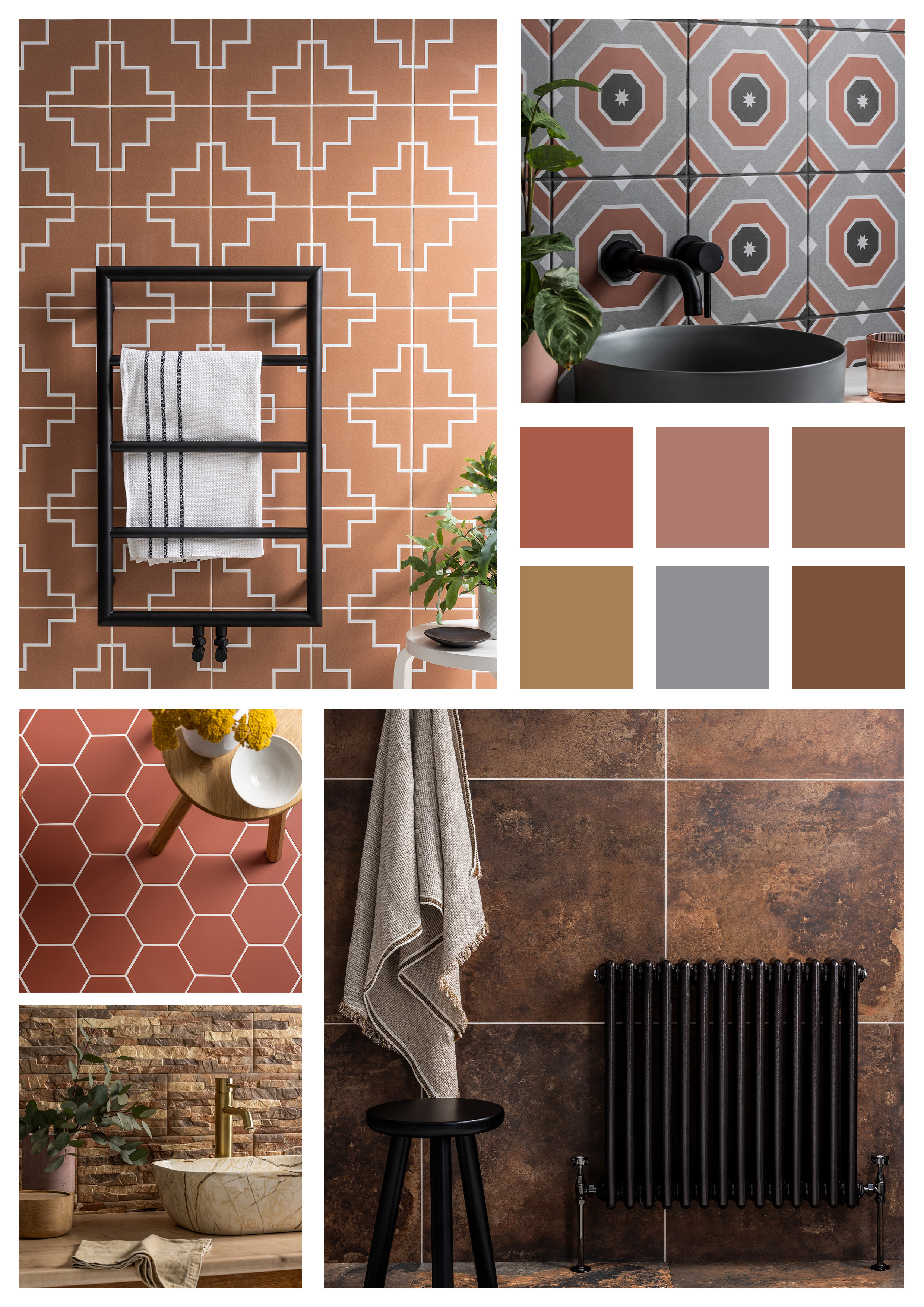 Terracotta bathroom tiles with geometric pattern