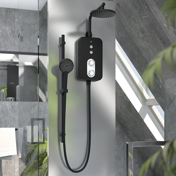 Modern black electric shower with dual rainfall and handheld heads, offering stylish design and instant hot water convenience in a sleek bathroom setting.