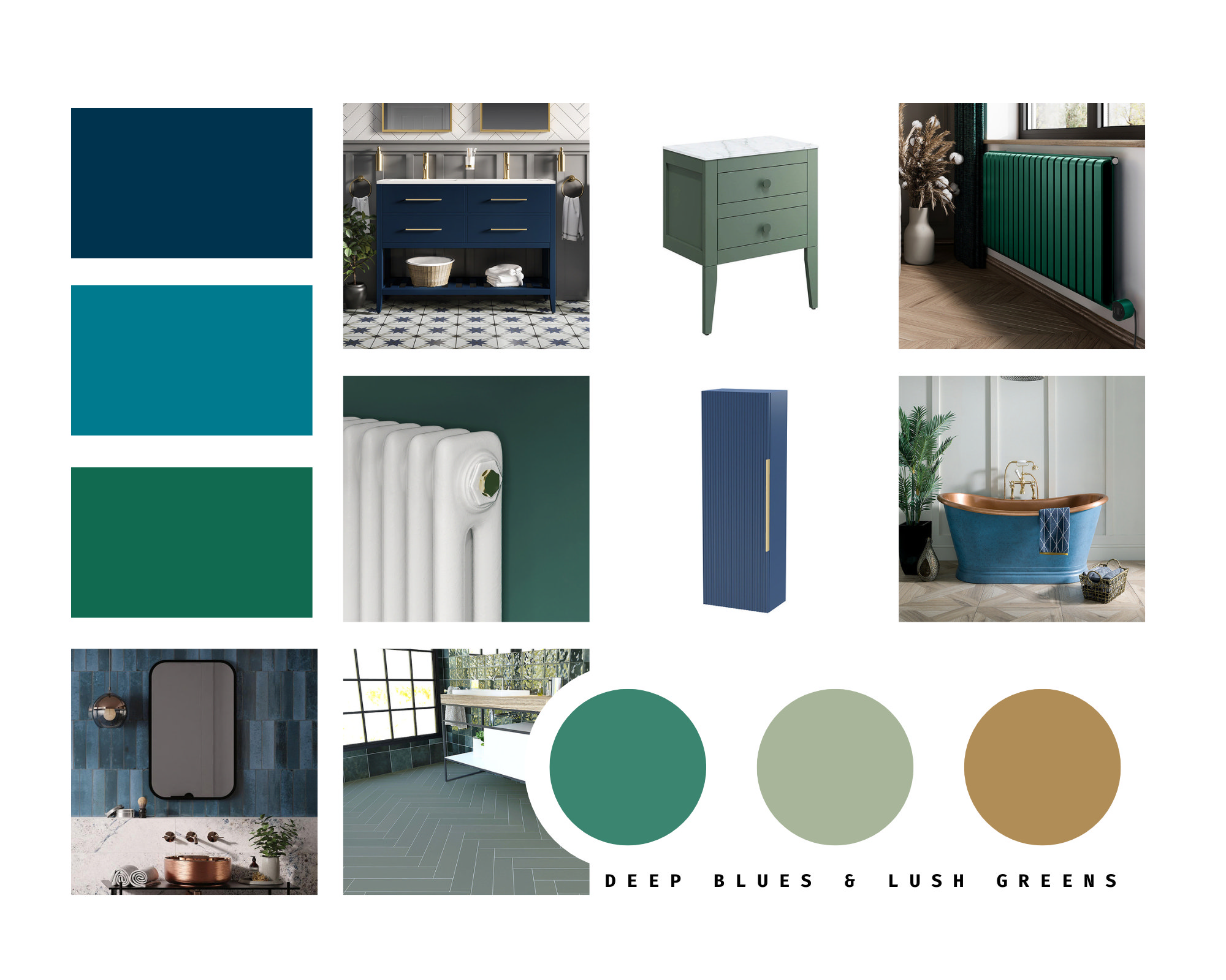 Deep blue and rich green bathroom colour palette featuring navy blue vanities, teal walls, sage green radiators, and a copper bathtub for a bold yet calming aesthetic.