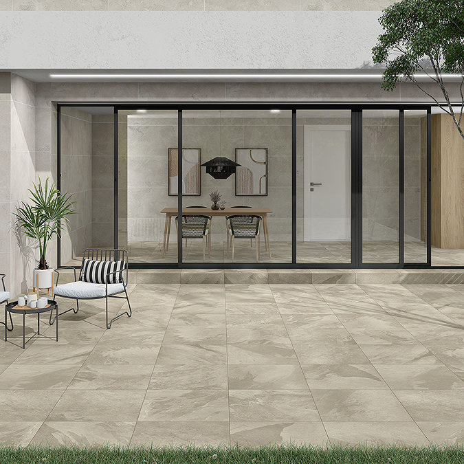 Light beige stone effect porcelain patio tiles