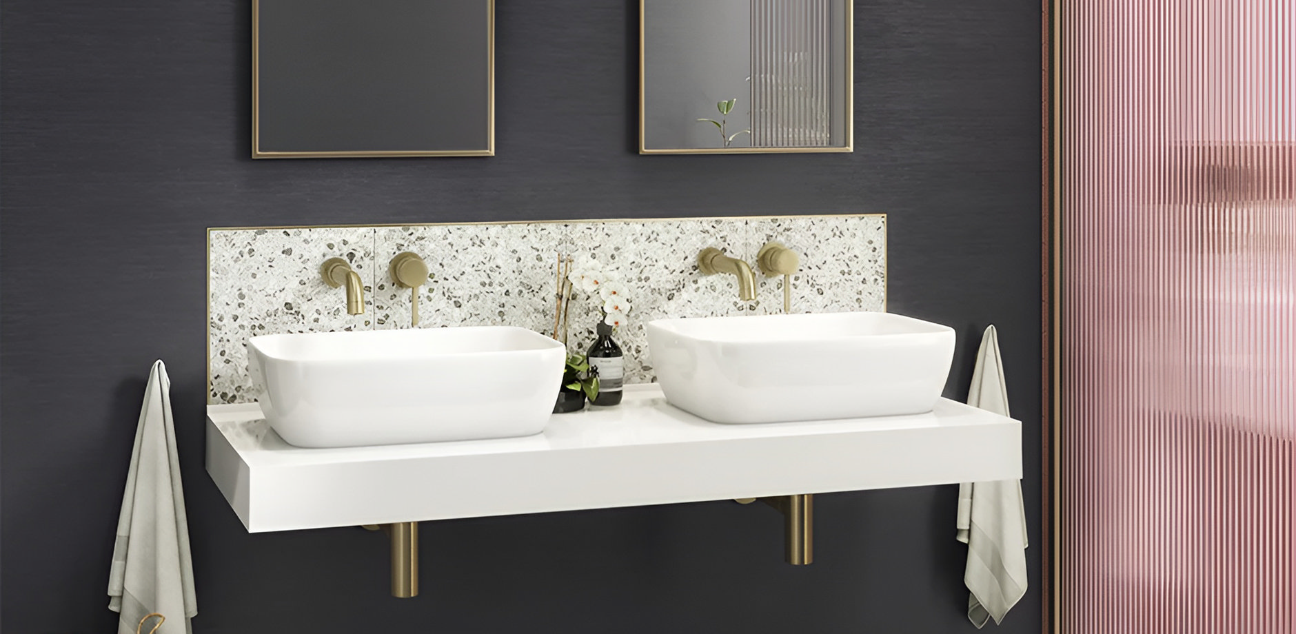 Modern Jack and Jill bathroom with a double vanity unit and two countertop basins, ideal for shared spaces.