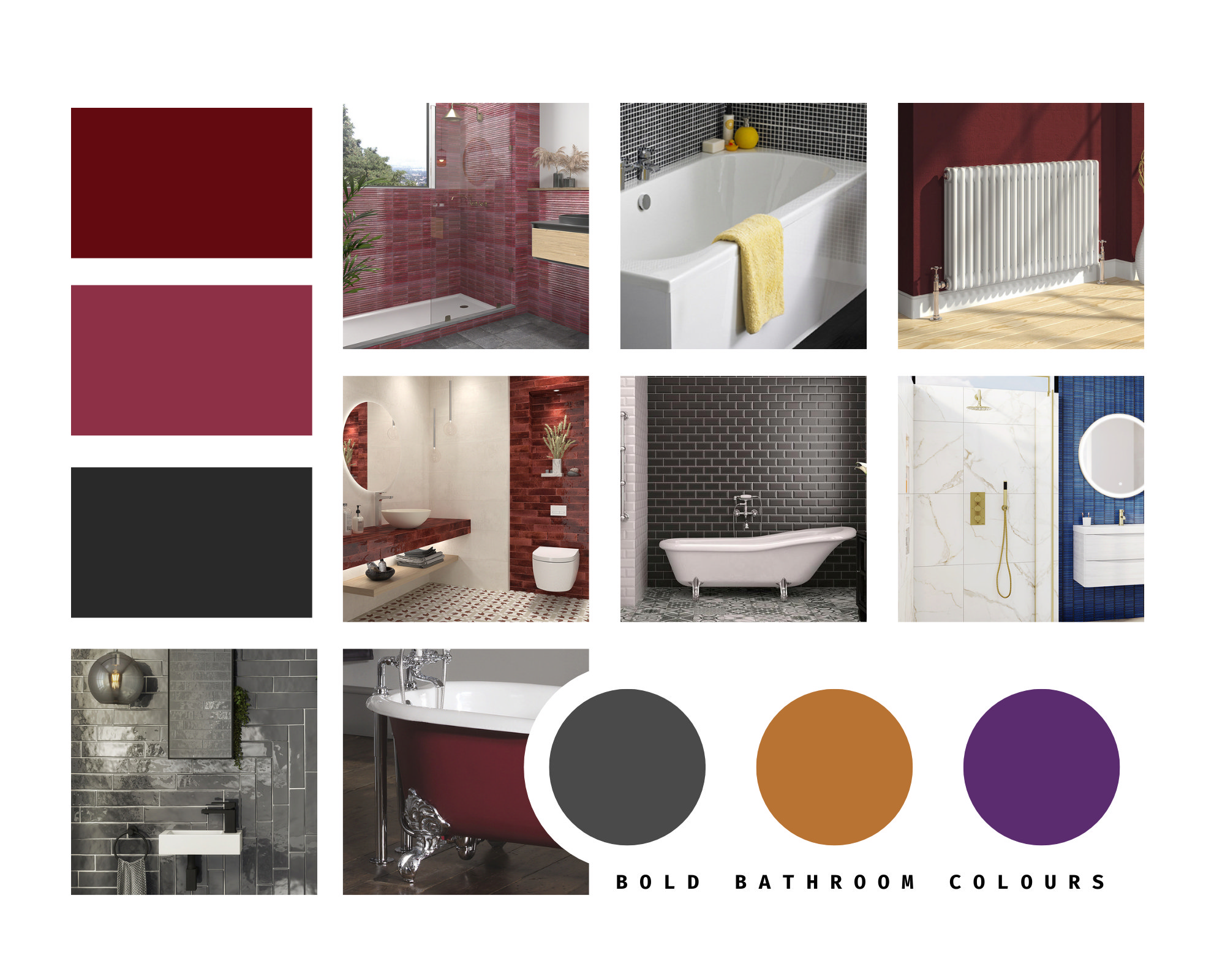 Dramatic bathroom colour palette featuring rich burgundy walls, berry-toned tiles, charcoal accents, and statement copper and violet shades for a bold, luxurious look.