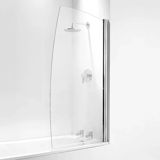 Modern bathroom with a curved glass bath screen, chrome shower fixtures, and a white basin set against blue and white tiled walls.