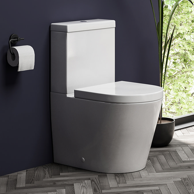 Slimline back to wall toilet in a small bathroom with dark walls and herringbone flooring, next to a window with greenery outside