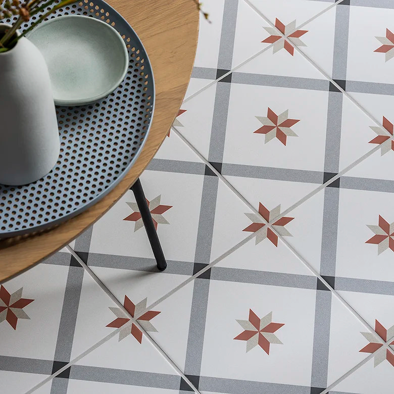 Patterned kitchen floor tiles with geometric star design.