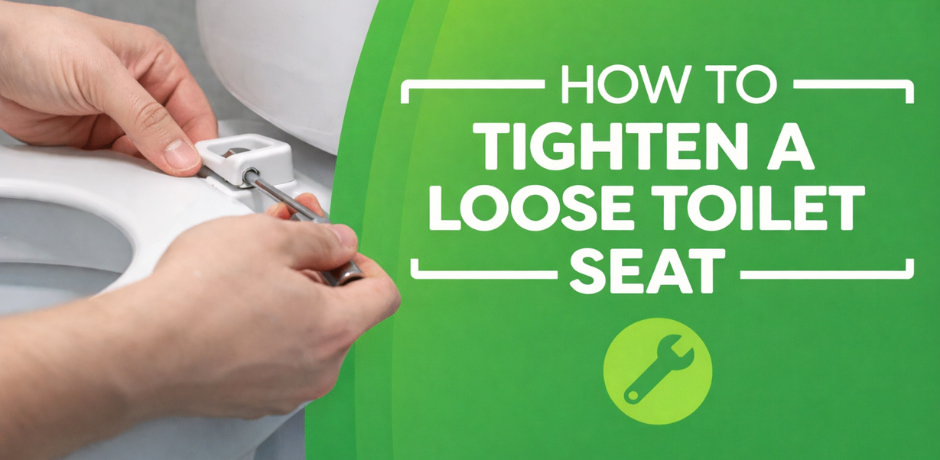 Tightening a loose toilet seat hinge bolt with a screwdriver at the back of the toilet pan