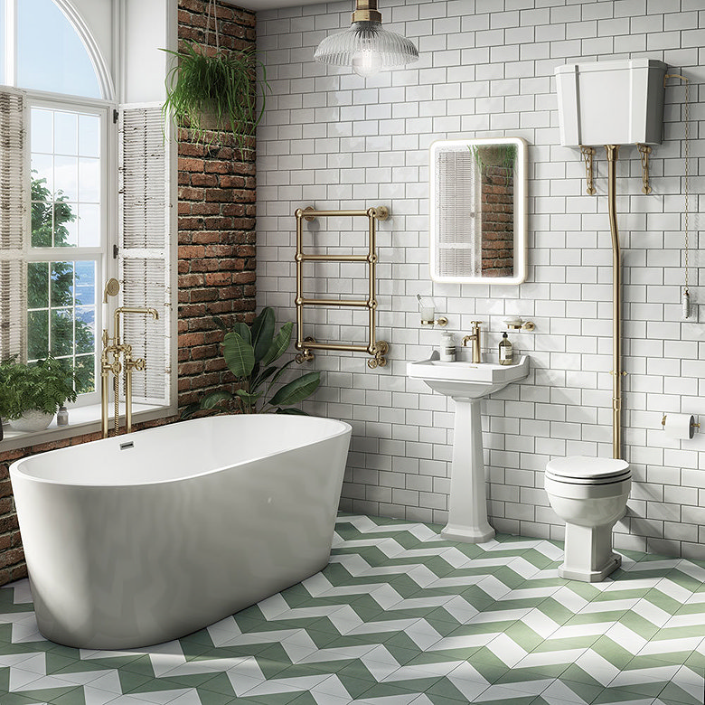 Green and white chevron bathroom floor tiles.
