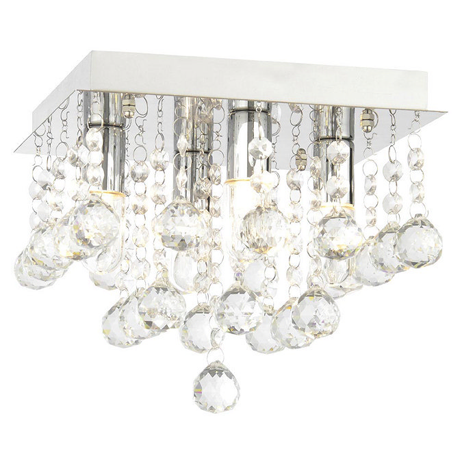 Square chrome ceiling light adorned with cascading crystal droplets, creating a luxurious and sparkling effect.