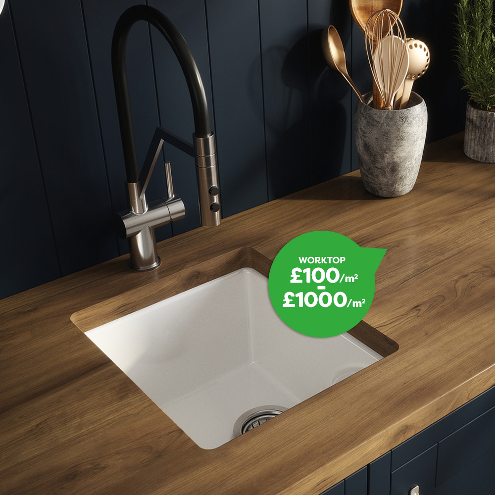 Wooden kitchen worktop with a modern sink and tap, highlighting worktop installation costs (£100-£1000 per square metre) for a 2024 kitchen renovation.