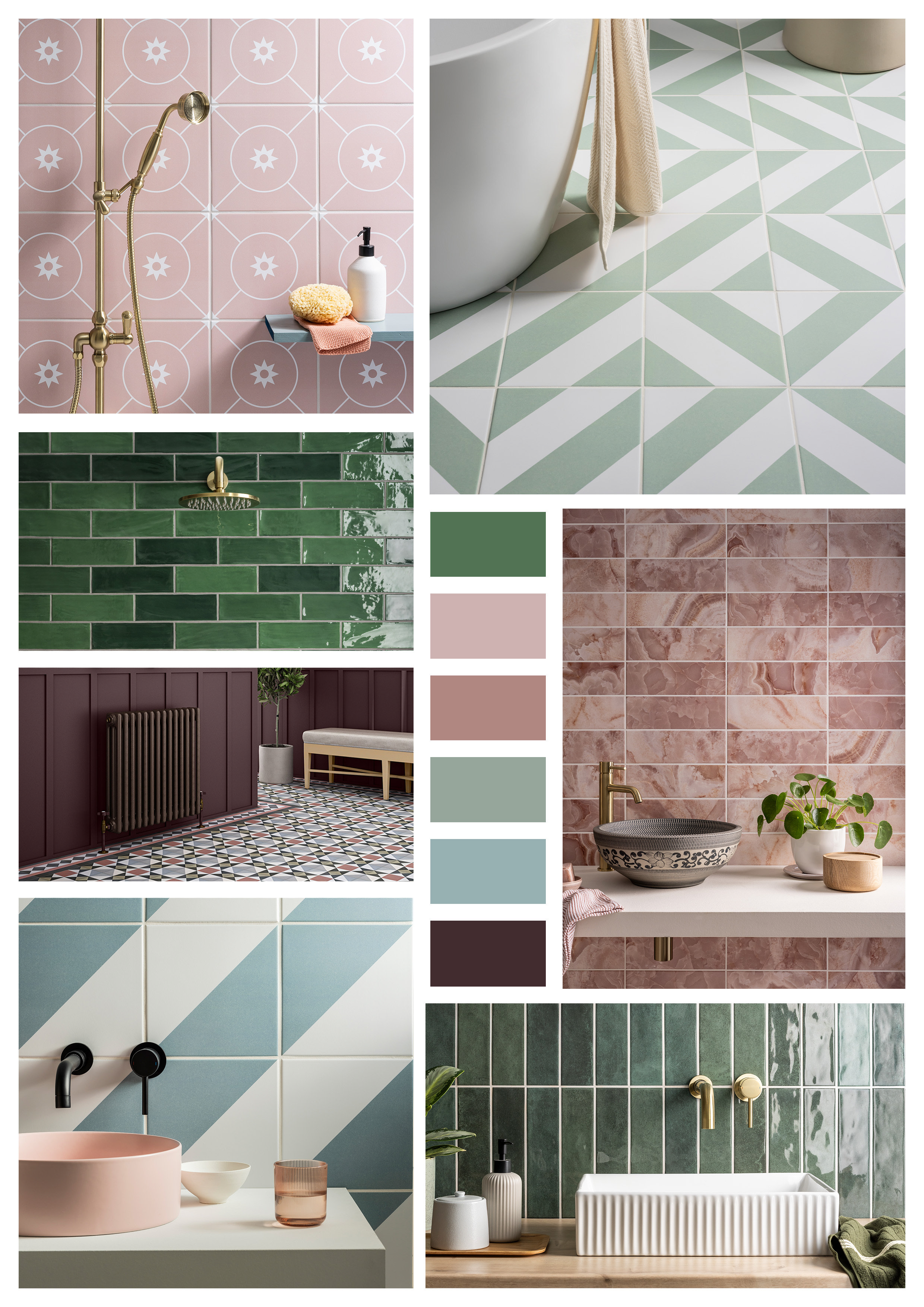 Soft pink tiles with brass shower