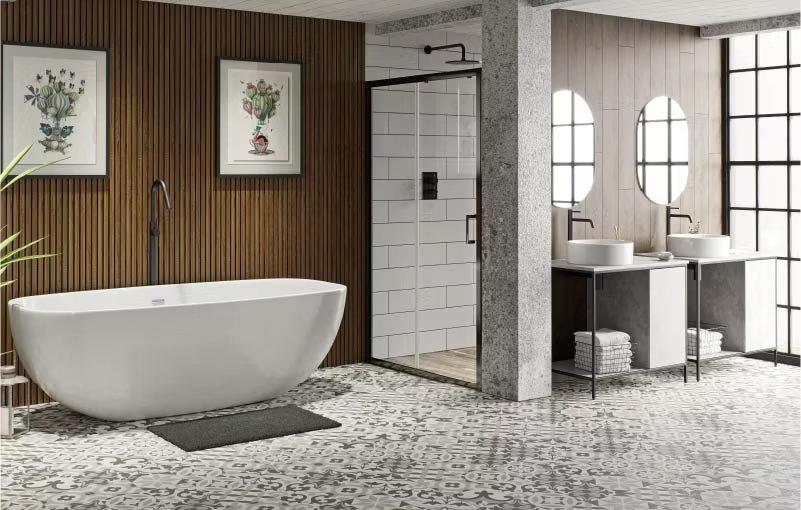 Soft Industrial bathroom featuring a freestanding white bath, black bath tap, black-framed walk-in shower, patterned encaustic floor tiles, double sinks with black taps, wood-panelled walls, and grid-style windows for a mix of modern industrial and warm design elements."