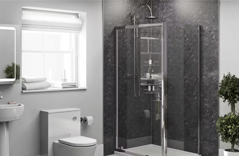 Modern bathroom with a sleek glass shower enclosure, black marble wall panels, and a white toilet and basin, framed by a large window and lush potted plant.