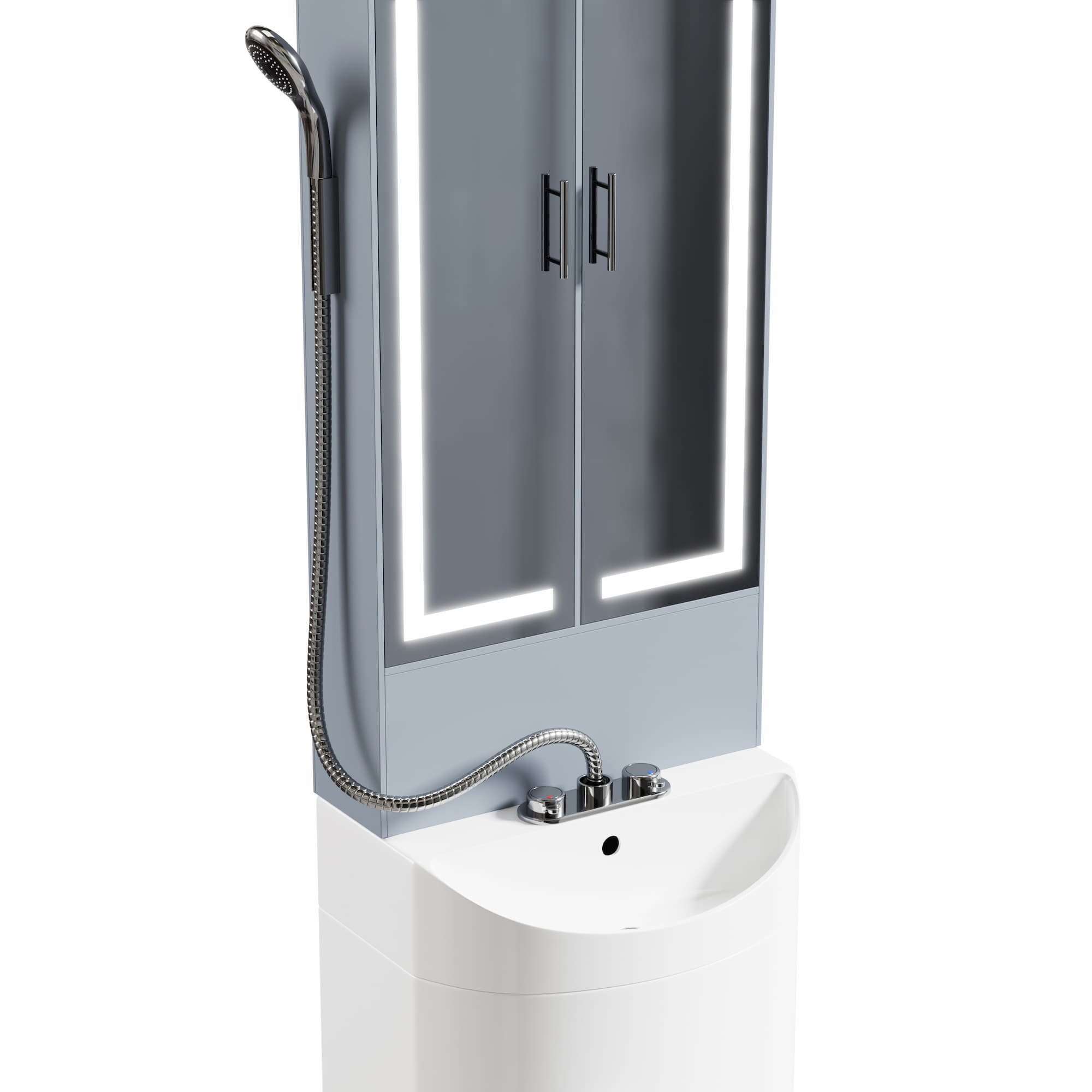 Close-up of a 4-in-1 bathroom unit featuring an integrated sink, mirror cabinet with LED lights, and attached shower head.