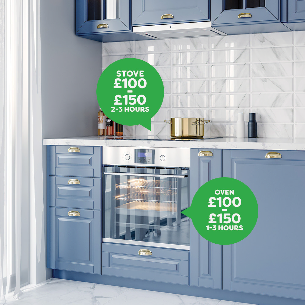 Blue kitchen with marble backsplash, showing estimated costs for stove installation (£100-£150, 2-3 hours) and oven installation (£100-£150, 1-3 hours) for a 2024 kitchen renovation.