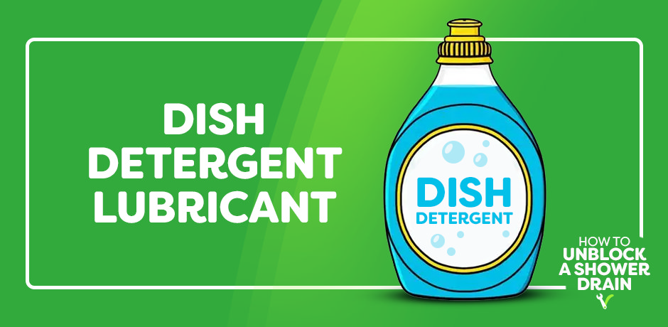 Illustration of a blue dish‑soap bottle labelled “Dish Detergent,” showcasing the dish‑detergent lubricant method to unblock a shower drain