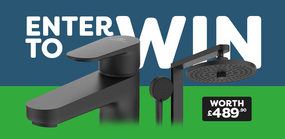 Giveaway promotion graphic featuring a matt black tap and shower system from Ideal Standard, with bold ‘Enter to Win’ text and a red price badge reading ‘Worth £489.90’, set on a green background