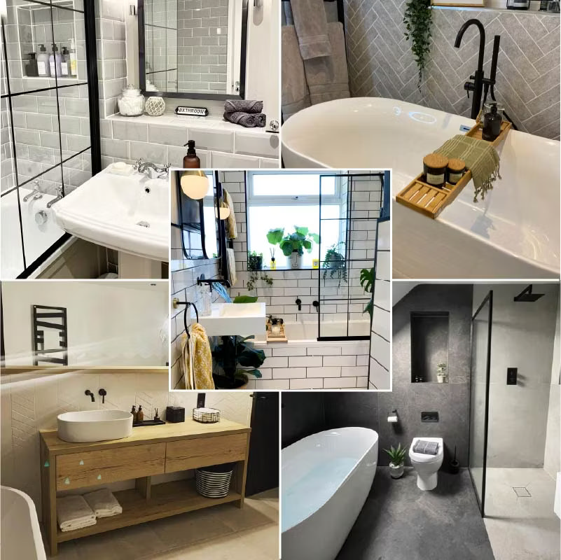 Collage of soft industrial bathroom designs showcasing freestanding tubs, matte black fixtures, subway tiles, wooden vanities, and black-framed shower enclosures for a modern, stylish look.