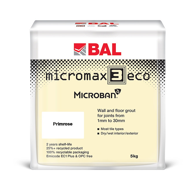 5kg bag of BAL Micromax3 Eco grout in Primrose color with Microban protection for wall and floor tile joints from 1mm to 30mm, featuring recyclable packaging and suitable for dry and wet environments.