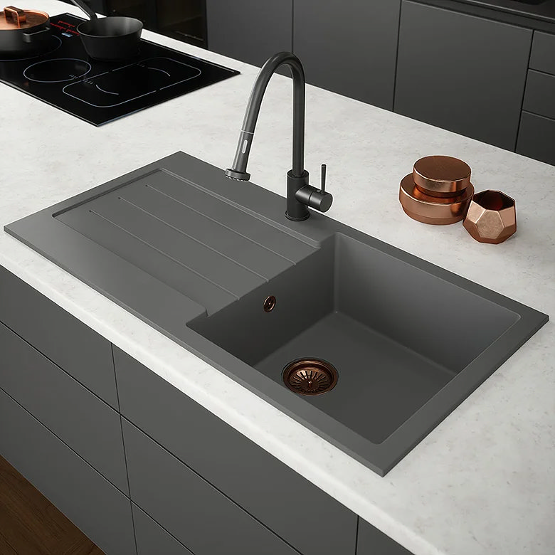 Grey composite sink with drainer, gunmetal pull-out tap