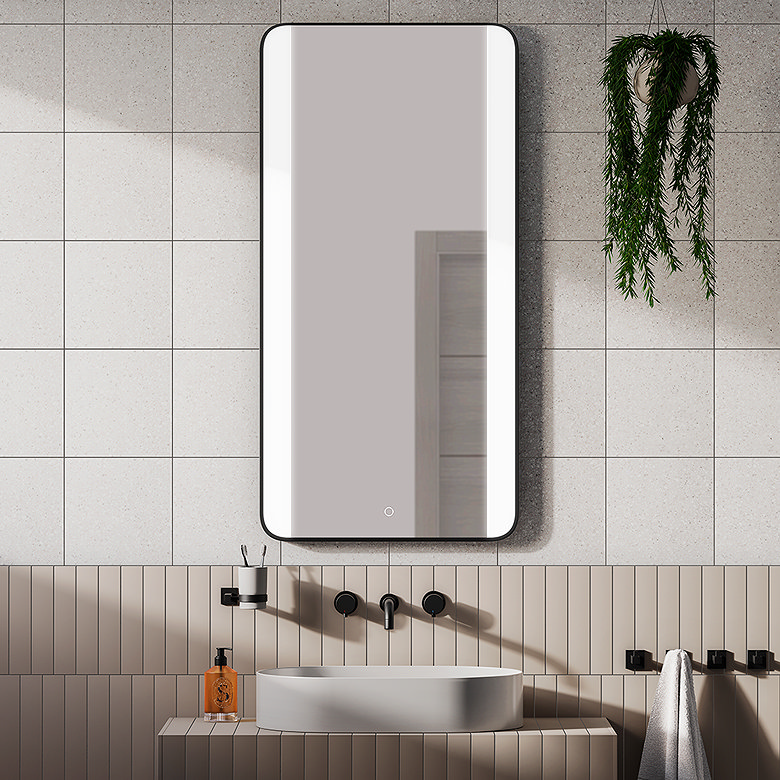 Tall rounded rectangle LED bathroom mirror with touch sensor and anti-fog demister above basin