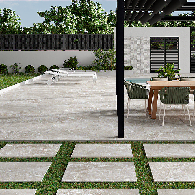 Marble effect large porcelain patio tiles with stepping stones