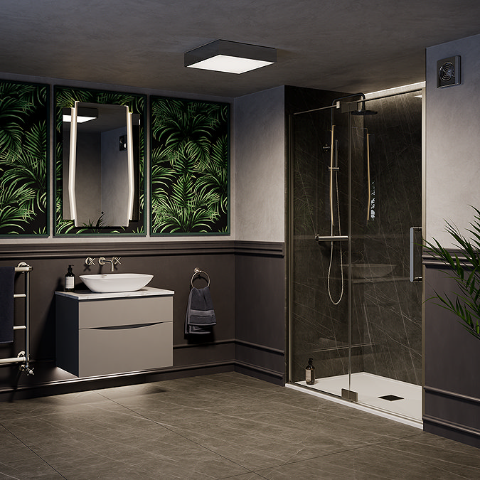 Modern bathroom with a walk-in shower featuring a black tiled backdrop, a floating vanity with a vessel sink, and illuminated mirrors. The space includes tropical-themed wall panels, dark grey walls with moulding, and a square ceiling light.