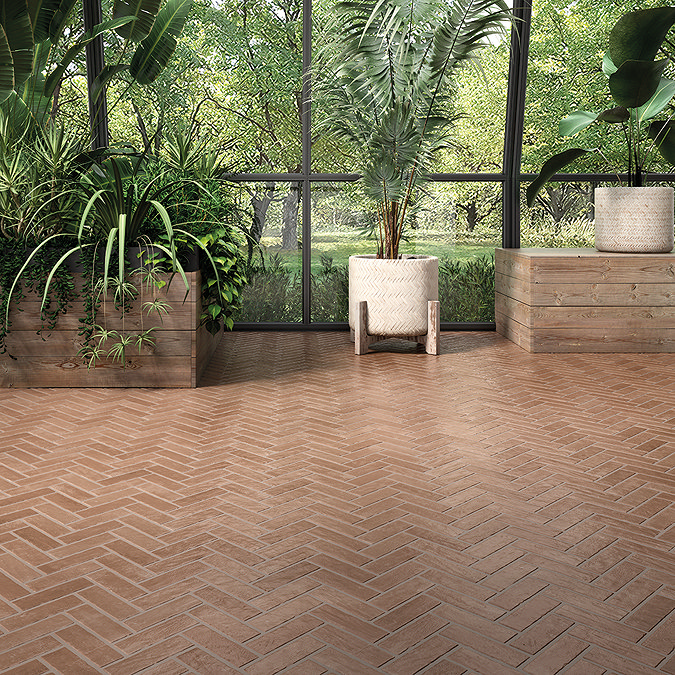 Yateley Herringbone light brown outdoor porcelain patio tiles