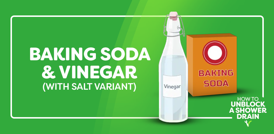 Illustration of a vinegar bottle and baking‑soda box highlighting the baking‑soda‑and‑vinegar (plus salt) method to unblock a shower drain