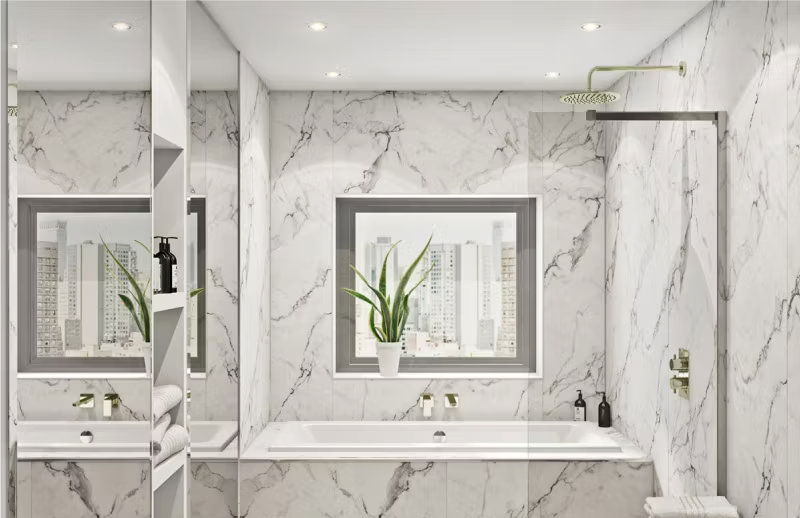 Contemporary bathroom featuring marble-effect wall panels, a built-in bathtub, and a walk-in shower, creating a sleek and luxurious design with a city view