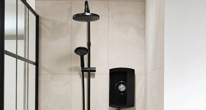 Black electric shower unit with chrome shower head and adjustable rail, providing instant hot water. Ideal for easy installation in en-suites or bathrooms with limited plumbing.