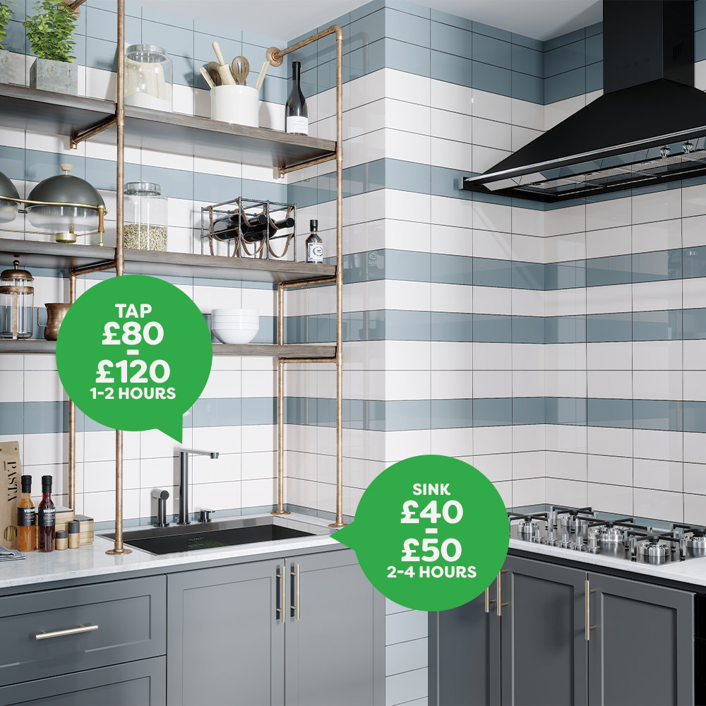 Modern grey kitchen with striped wall tiles, highlighting tap installation costs (£80-£120, 1-2 hours) and sink installation costs (£40-£50, 2-4 hours) for a 2024 kitchen renovation.