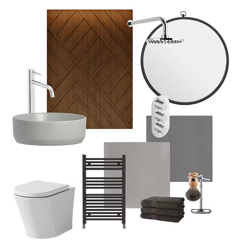 Collection of modern bathroom design elements featuring grey tiles, a circular black-framed mirror, sleek grey countertop basin, wooden wall panel, black heated towel rail, and chrome fixtures for a stylish, dark-themed bathroom.