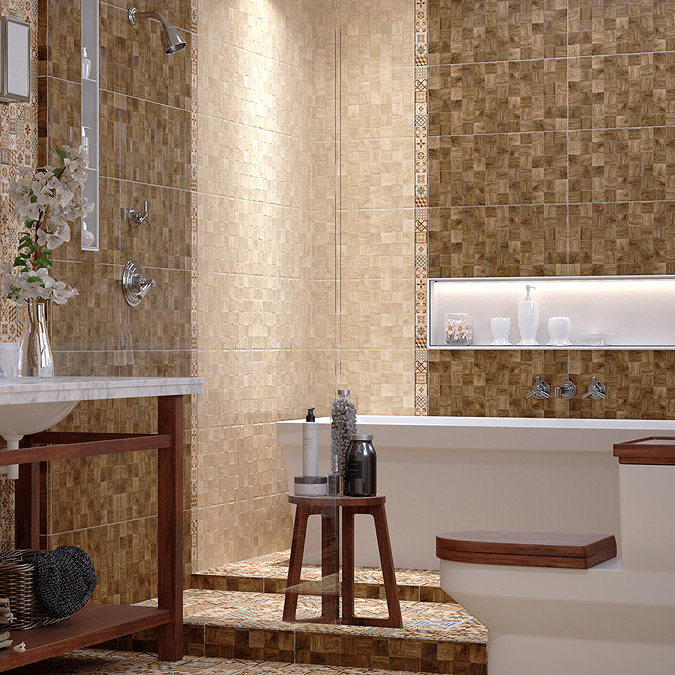 Luxurious bathroom with mosaic-style beige and brown wall tiles, steps leading to a bathtub, and decorative wood accents, creating a warm and elegant spa-like atmosphere.