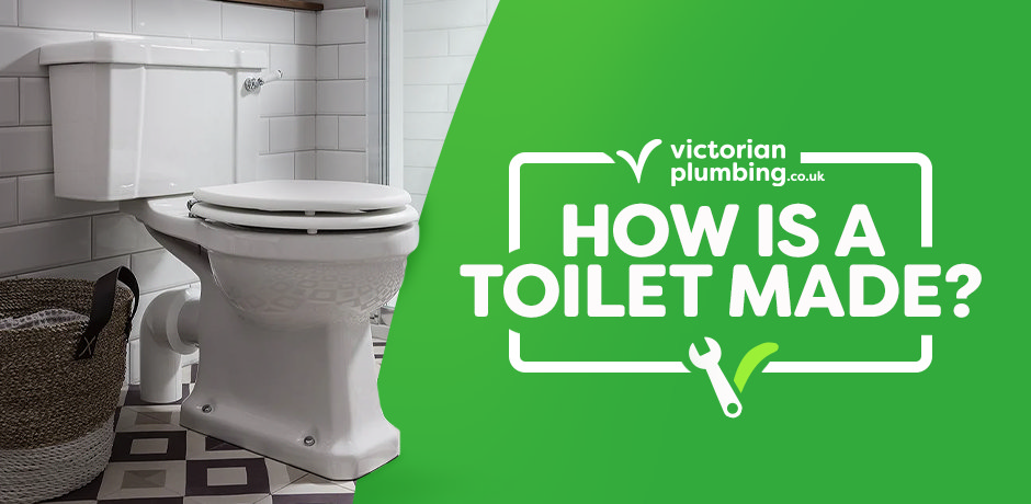 Victorian Plumbing graphic for the blog 'How Is a Toilet Made?' showcasing a modern toilet in a stylish bathroom.