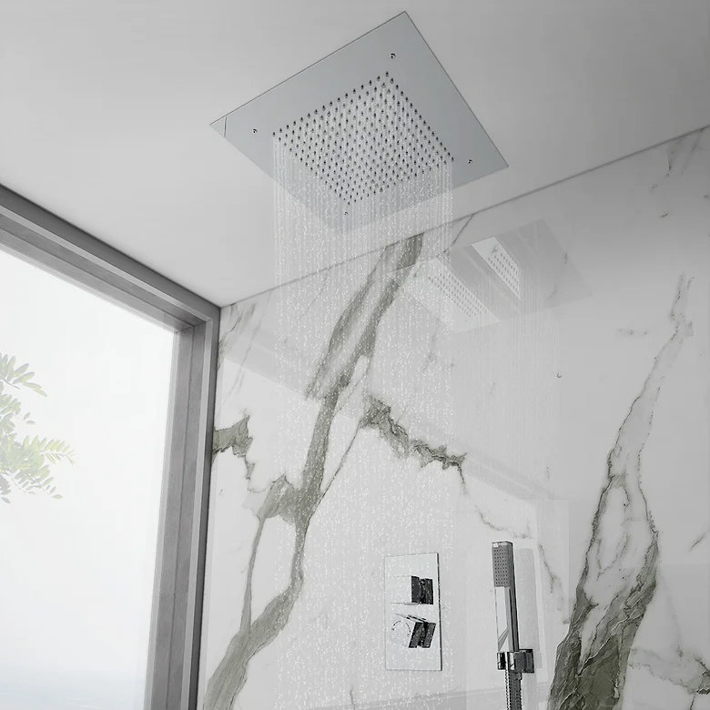 Ceiling-mounted rainfall shower with marble-effect wall tiles and minimalist chrome controls