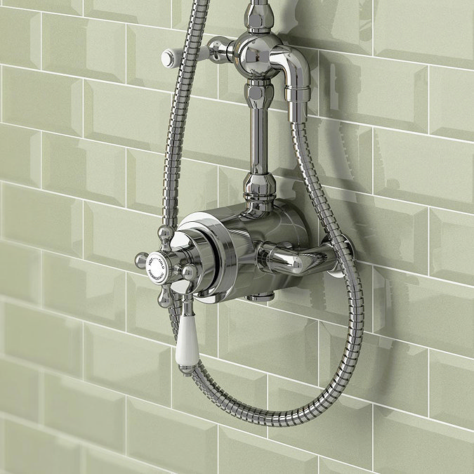 Traditional chrome thermostatic exposed shower valve with handheld attachment and vintage style handle