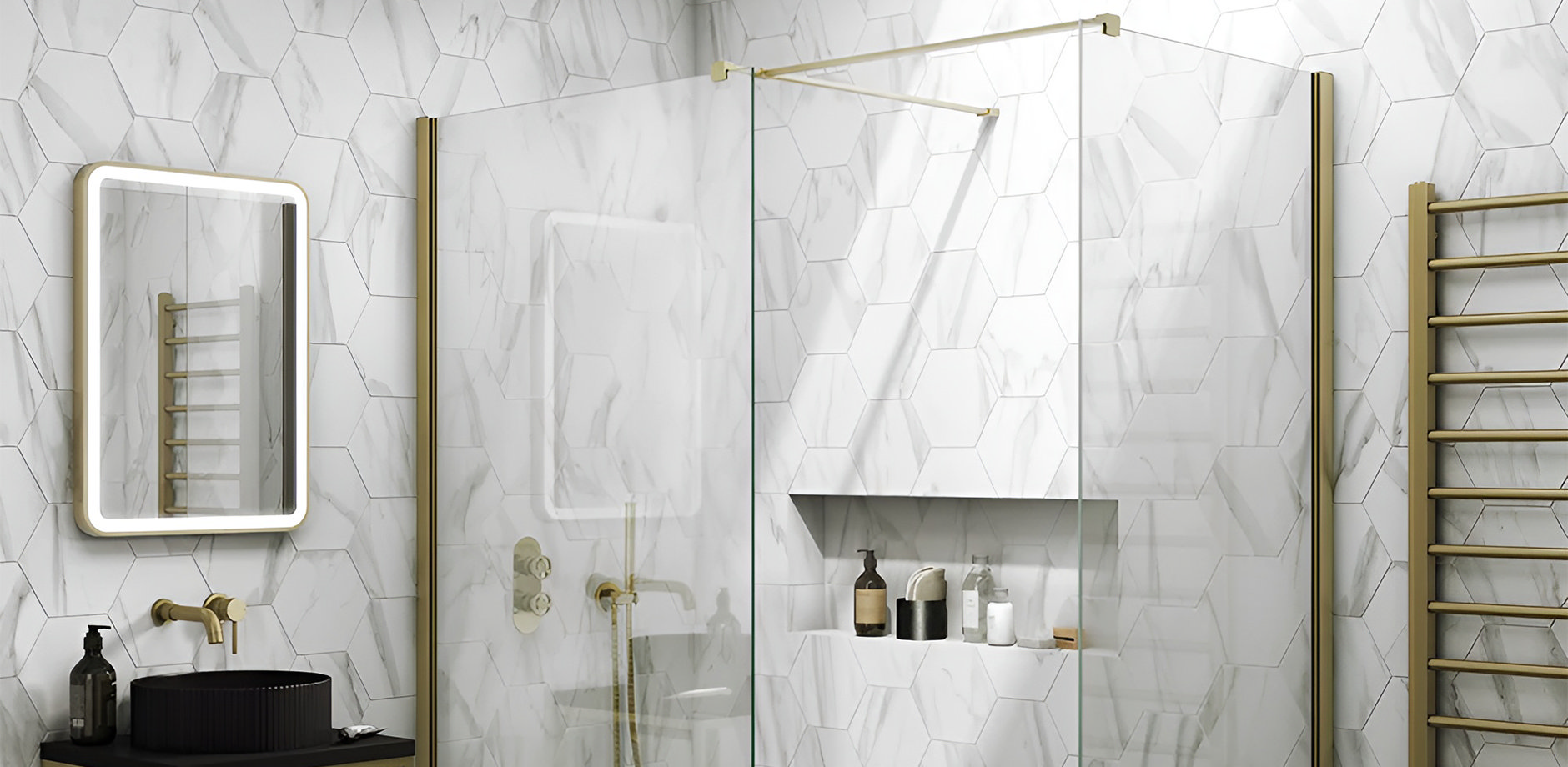 Luxurious wet room with hexagonal marble effect tiles