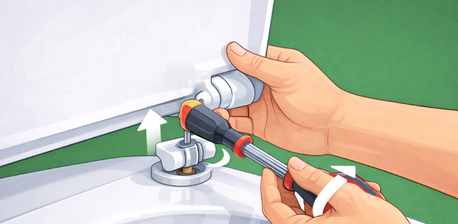 Tightening a top-fix toilet seat bolt with a screwdriver while holding the hinge steady from underneath