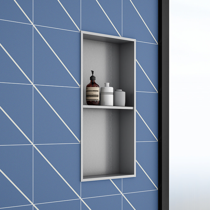 Shower niche with shelves for storing daily washcloths and bathroom essentials