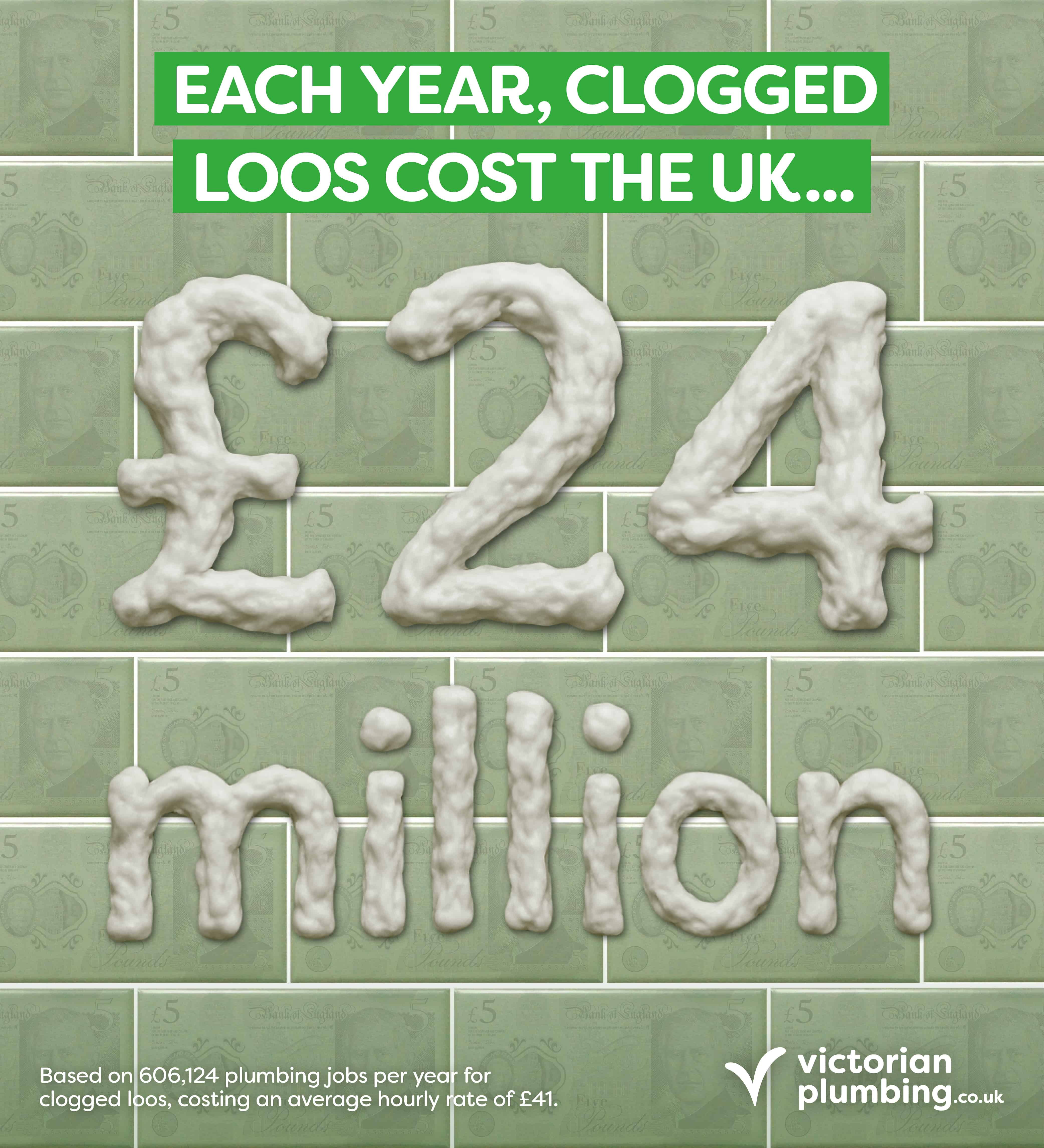 Infographic stating clogged loos cost the UK £24 million a year, with foam-style lettering over £5 note background.